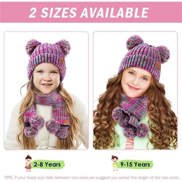 Kids Purple Winter Hat Gloves Scarf Set, Girls Toddler Children Beanie Snow‎ Cap - Picture 2 of 7